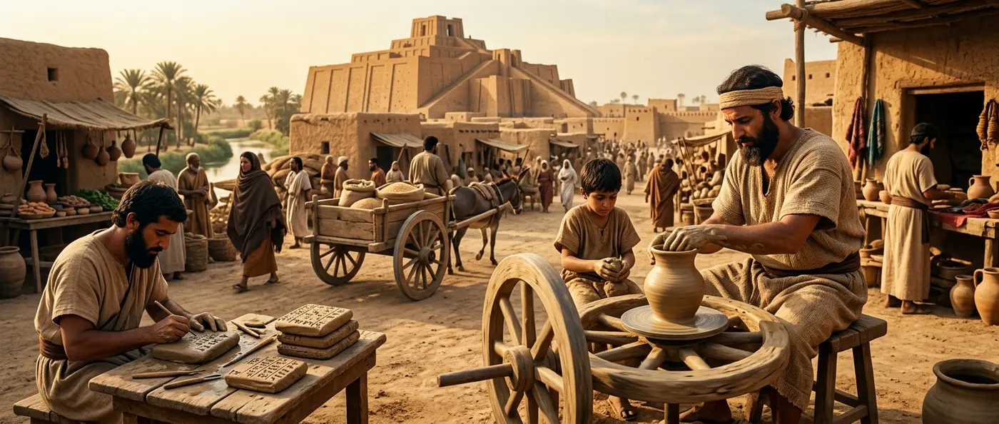 Ancient Sumerian wheel and pottery artifacts from archaeological excavations in Mesopotamia