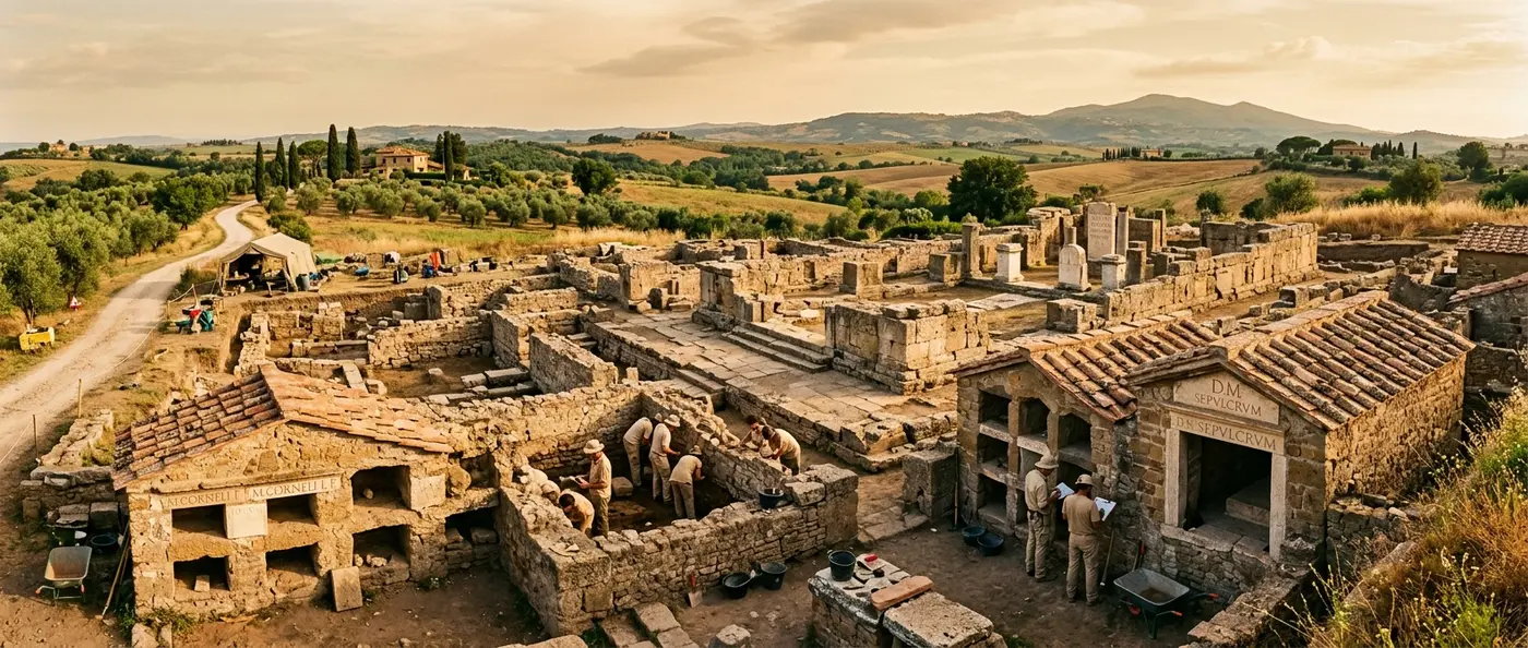 Ancient Hercules shrine excavation site near Rome showing stone altar and underground passages