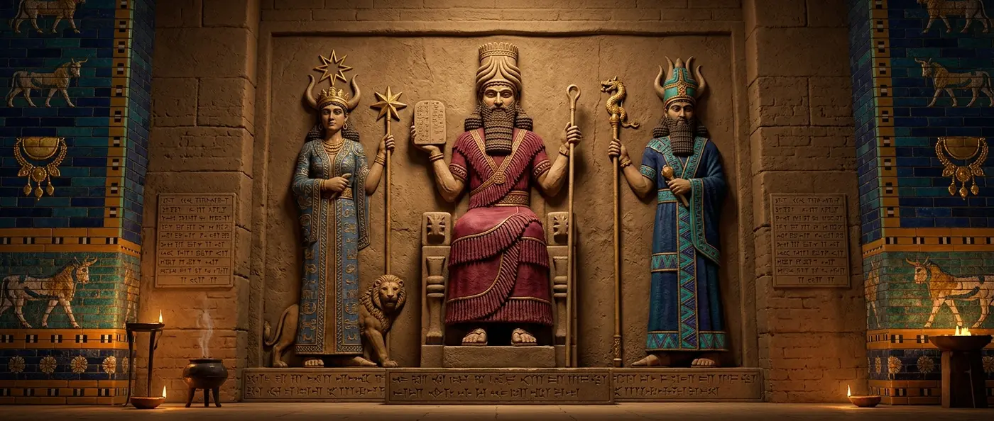 Ancient Mesopotamian gods Enlil, Marduk, and Ishtar depicted in cuneiform art