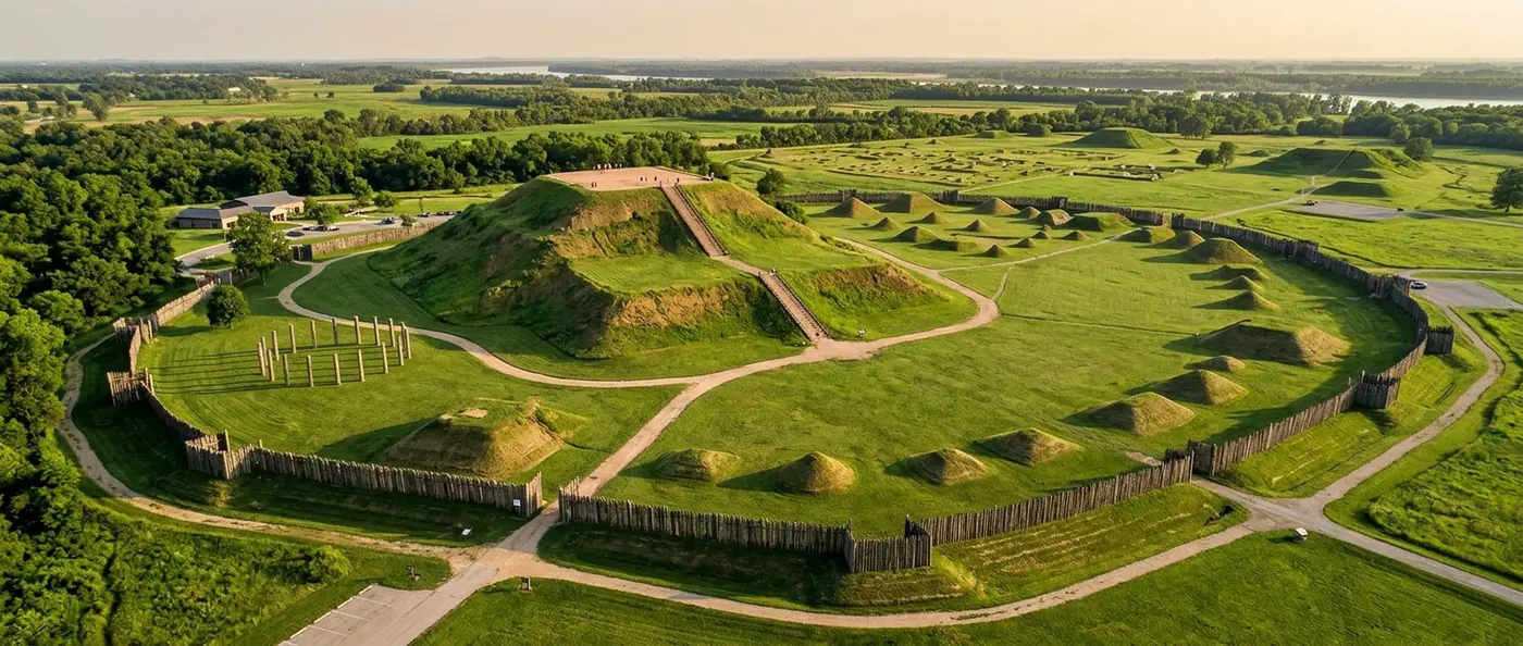 Aerial view of Cahokia's massive earthen mounds rising from Illinois prairie