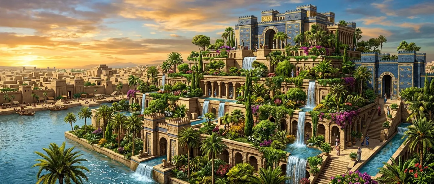 Ancient terraced gardens rising above Mesopotamian landscape with irrigation channels