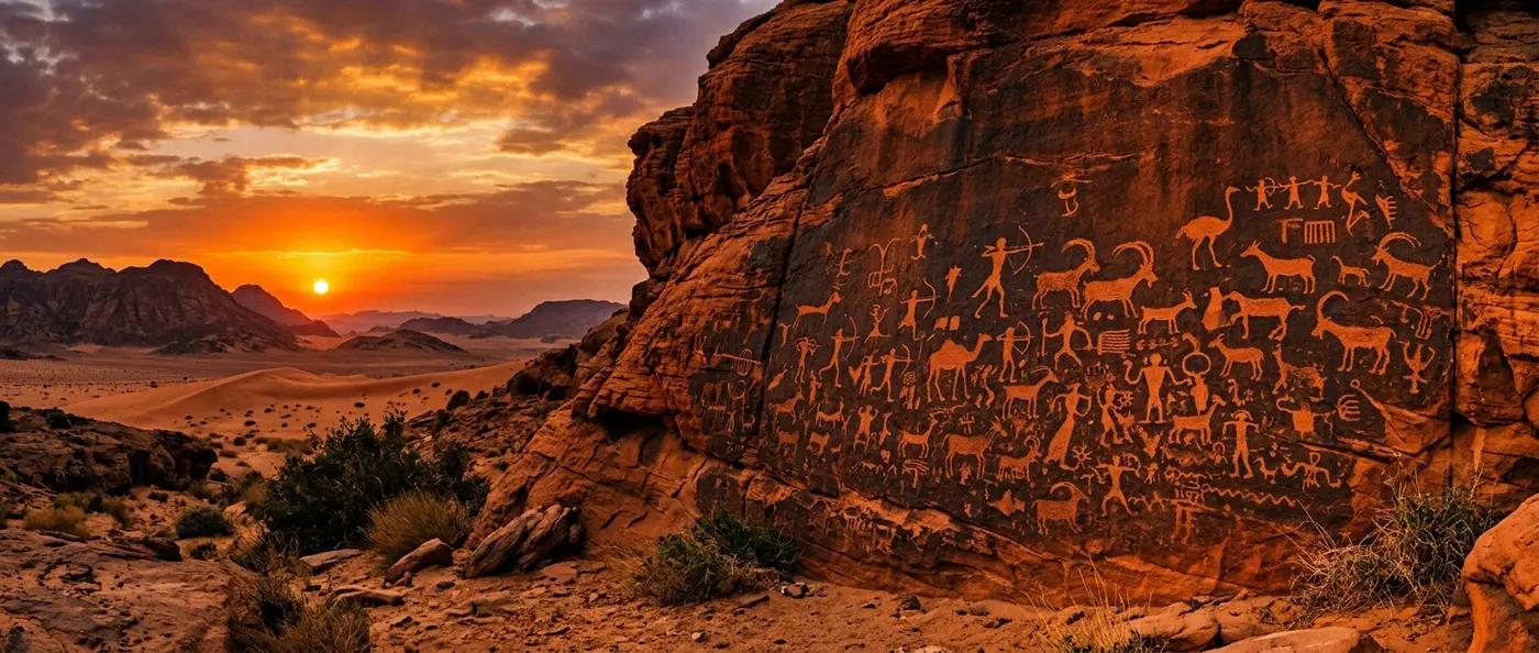 Ancient Saudi Arabian petroglyphs showing prehistoric animals and human figures carved into desert rock faces
