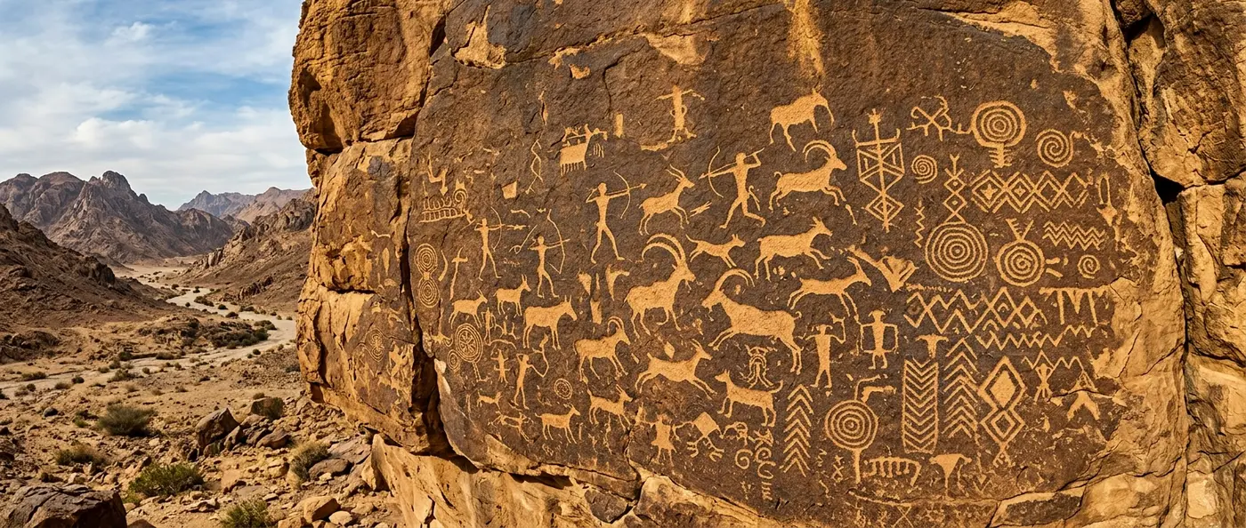Ancient rock art covering the walls of a Sinai desert shelter showing hunters, geometric patterns, and hieroglyphic inscriptions
