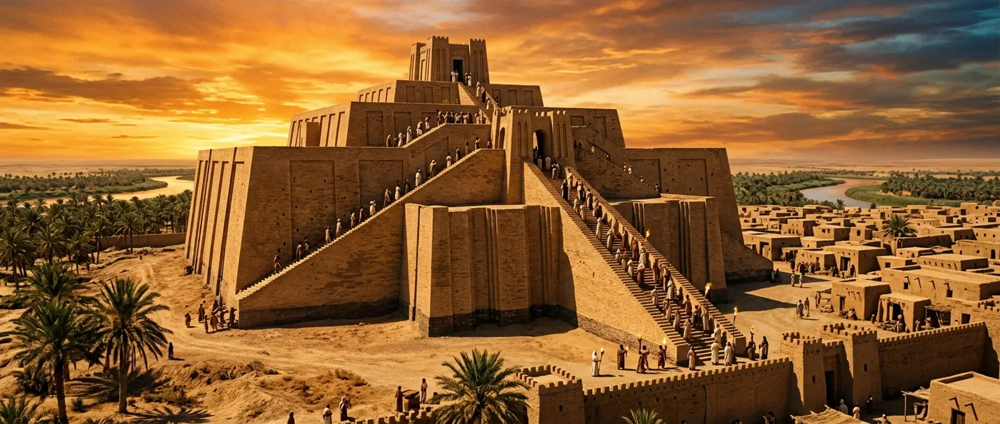 Ancient Babylonian ziggurats rising from Mesopotamian plains with stepped pyramid architecture reaching toward the sky