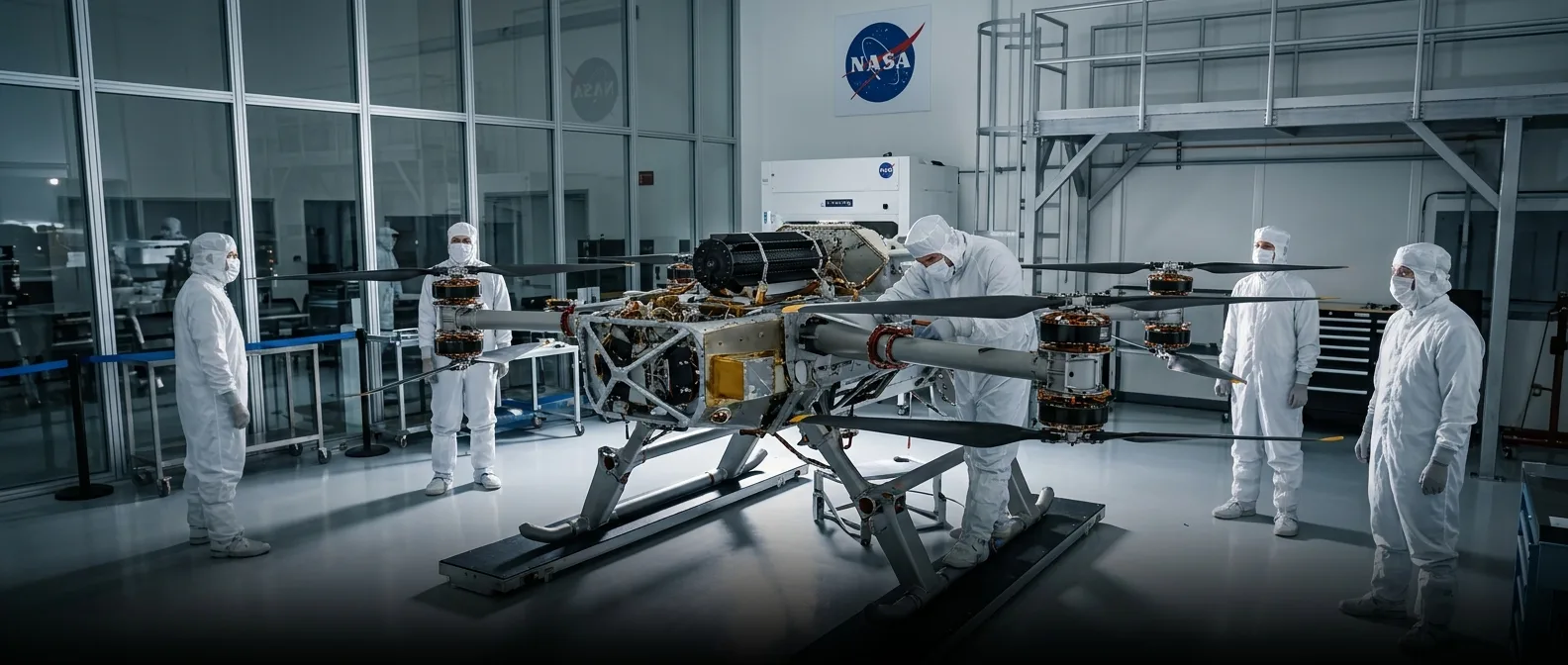 NASA's Dragonfly helicopter during testing phase with eight rotors visible