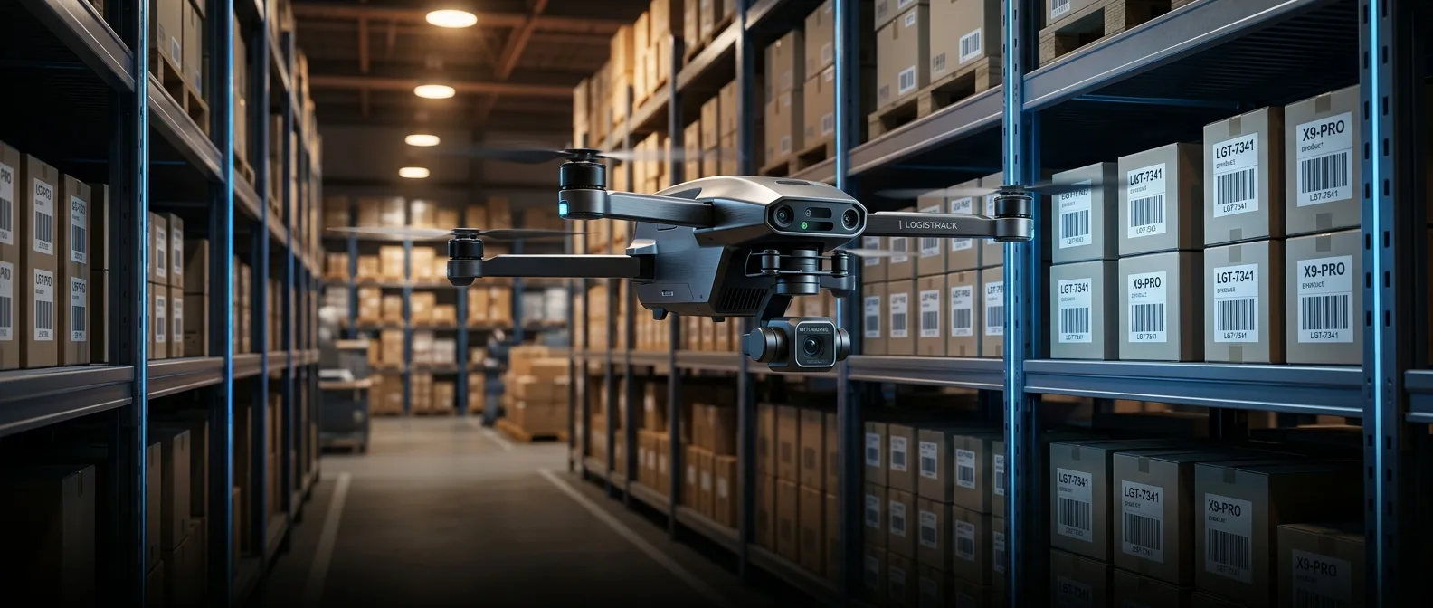 Autonomous Corvus Robotics drones scanning warehouse inventory shelves in Southern Glazer's distribution center