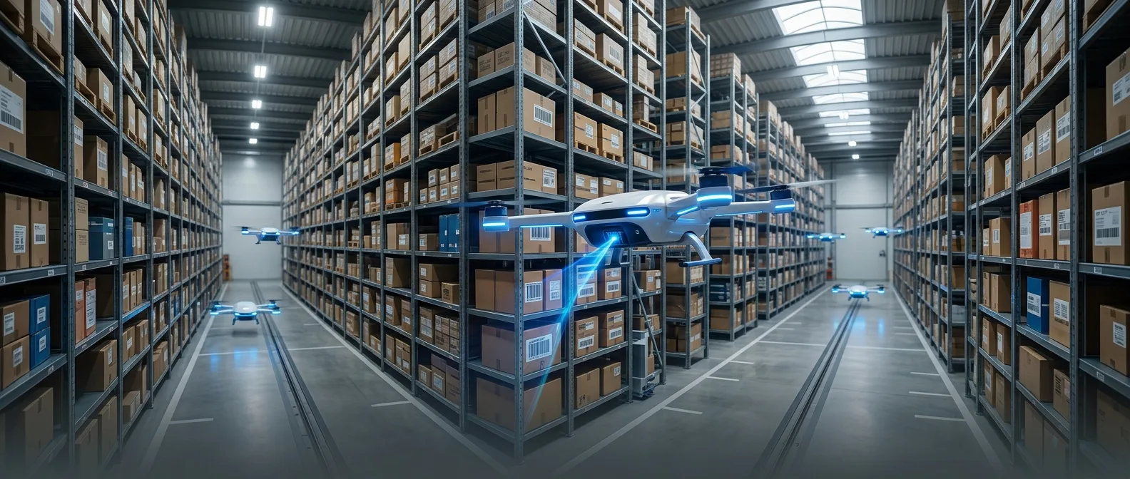 Autonomous Corvus One drones flying through Southern Glazer's warehouse for inventory management