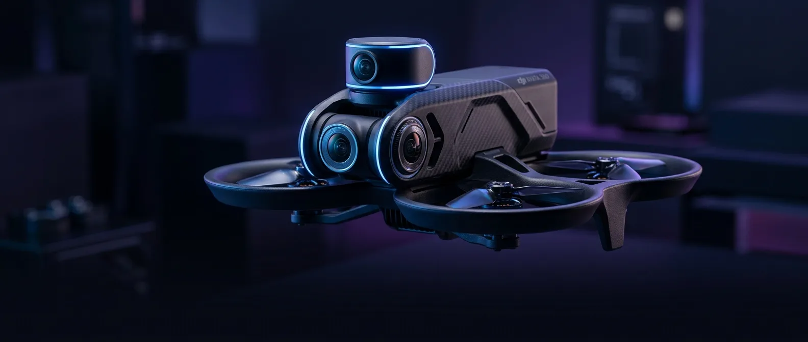 DJI Avata 360 drone with firmware v01.00.0100 update interface showing new features