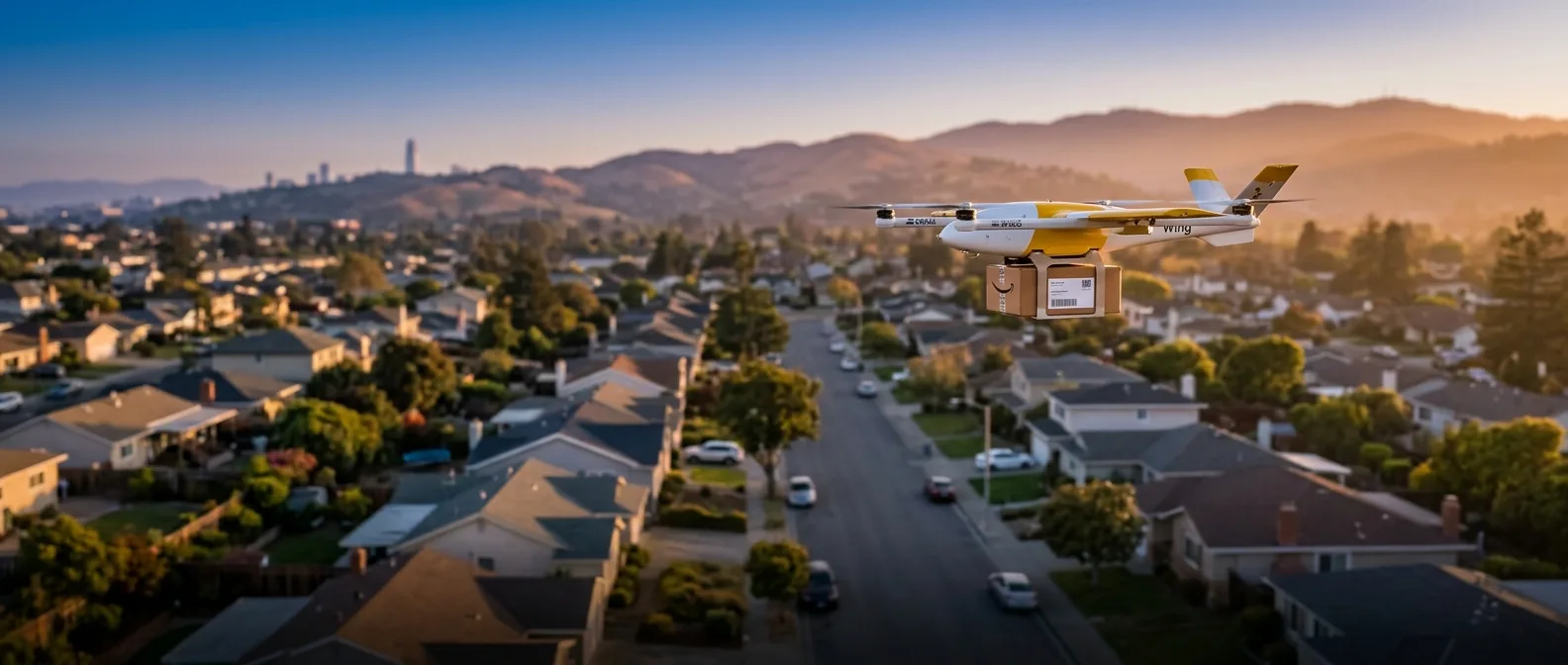 Wing drone hovering over San Francisco Bay Area delivering packages to residential customers