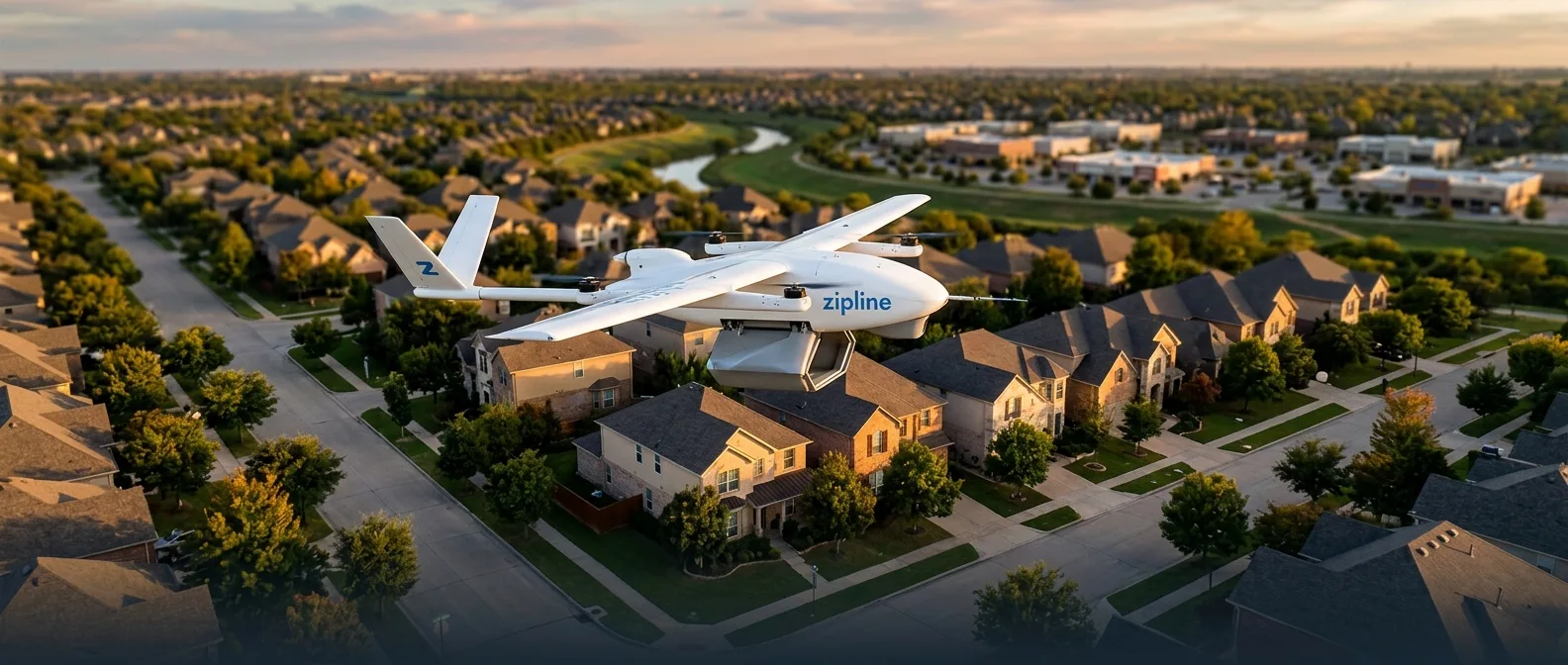 Zipline autonomous delivery drone in flight carrying medical supplies over urban landscape