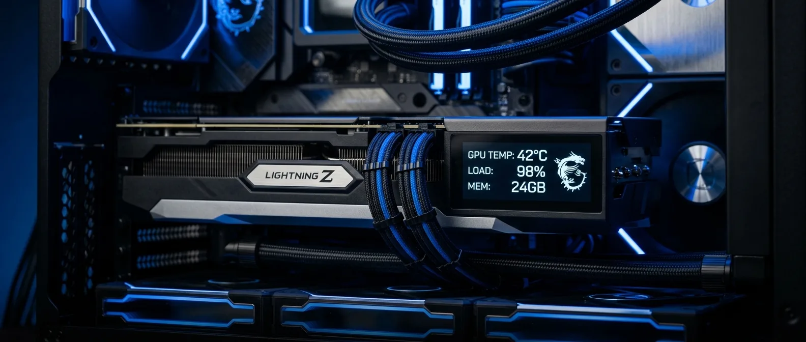 MSI RTX 5090 Lightning Z graphics card with dual 16-pin power connectors and 8-inch display