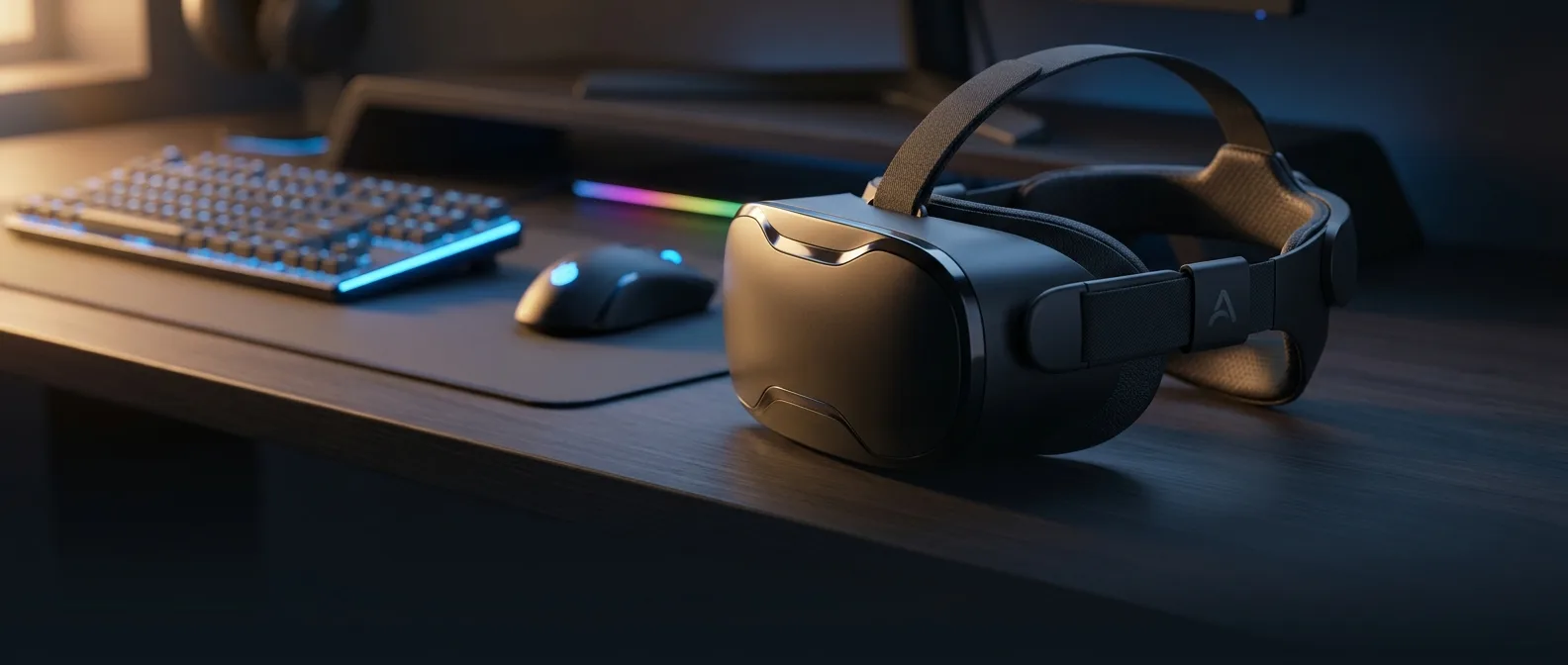 Valve Steam Frame VR headset with 90fps verification badge and technical specifications display