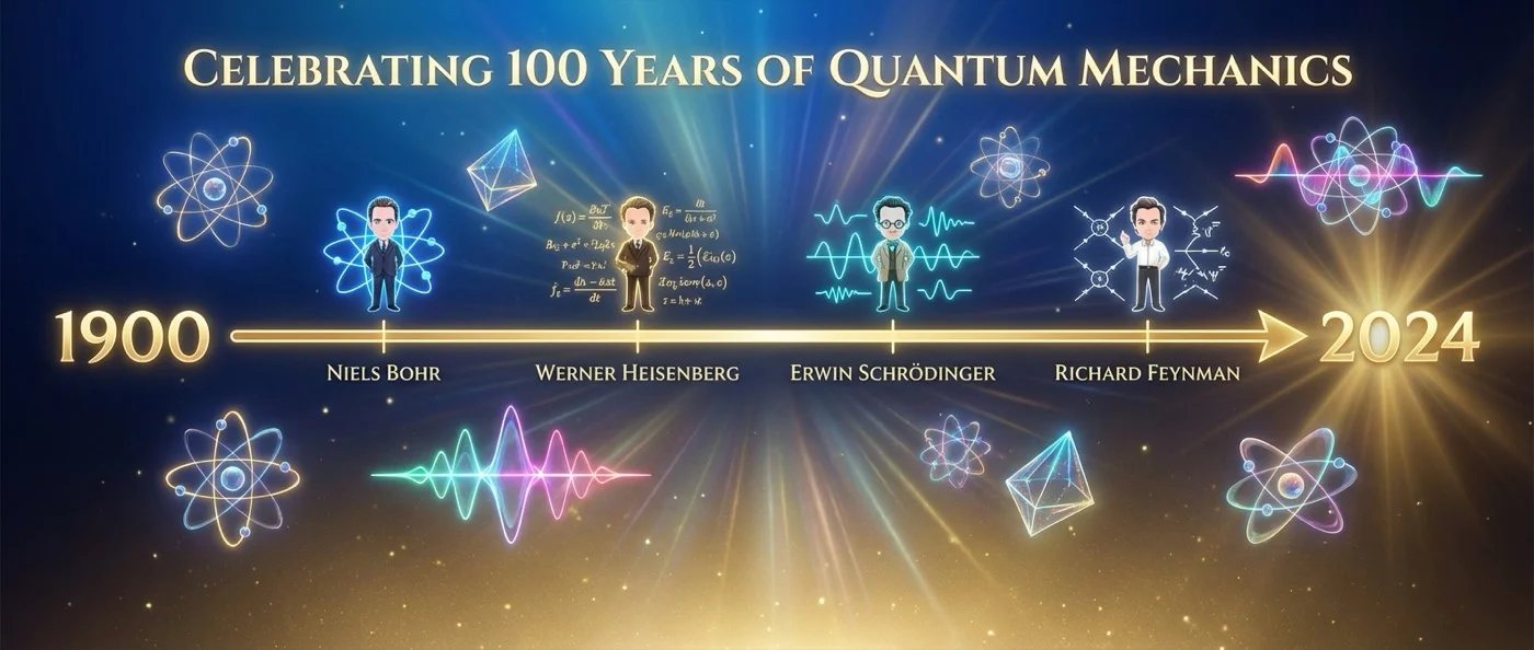 Timeline showing 100 years of quantum mechanics breakthroughs from Planck to modern quantum computers