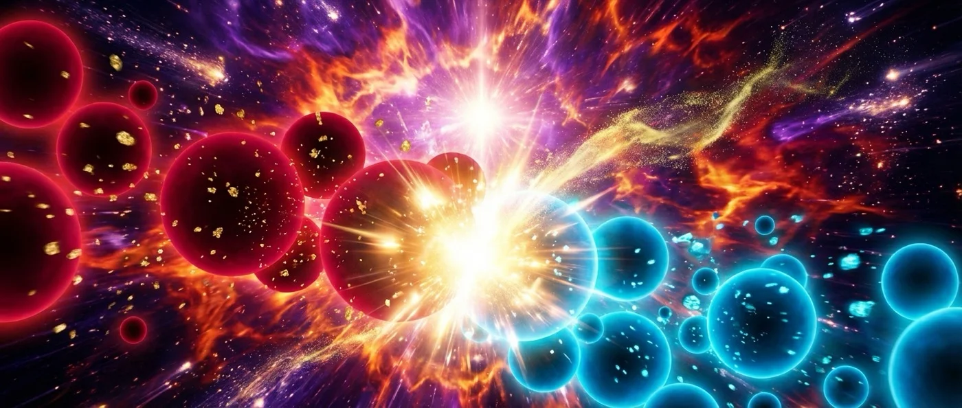 Visual representation of matter-antimatter asymmetry in the early universe showing the cosmic imbalance that allowed our existence