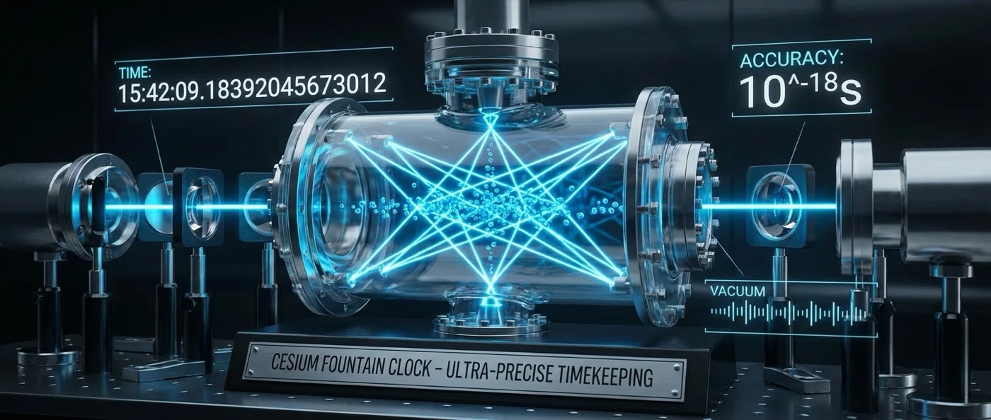 Scientists operating an optical atomic clock in a quantum physics laboratory with laser cooling systems