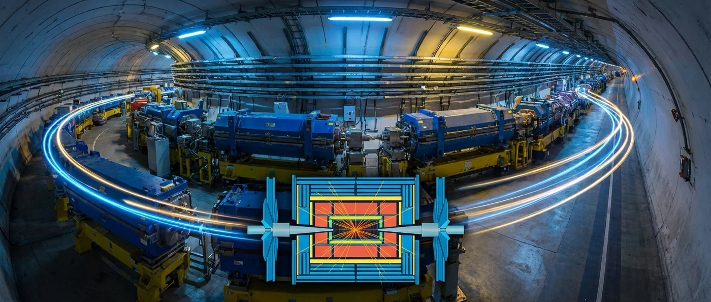 CERN's Large Hadron Collider underground tunnel with superconducting magnets and detector equipment