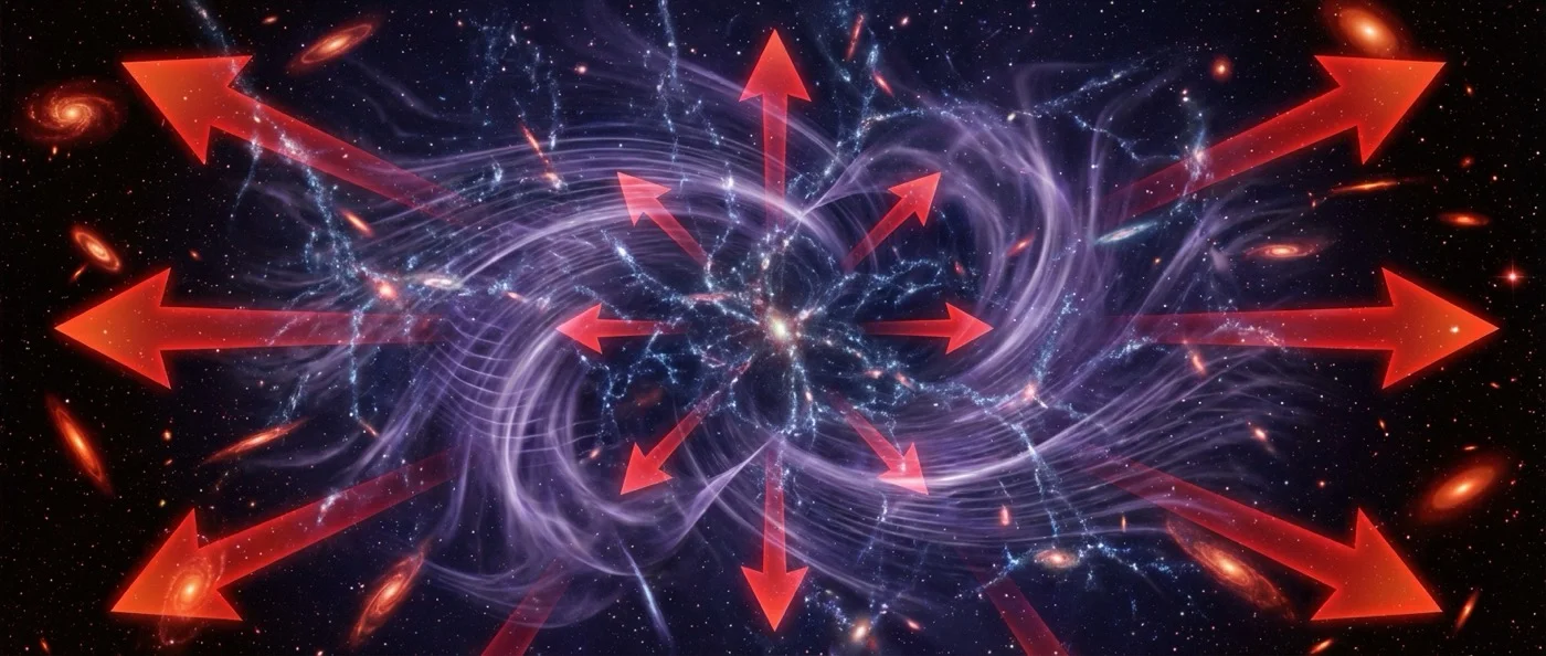 Dark energy visualization showing the accelerating expansion of the universe with quantum vacuum fluctuations