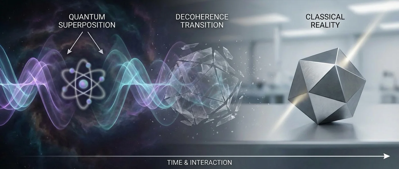 Visualization of quantum decoherence process showing how quantum superposition states collapse into classical behavior through environmental interaction