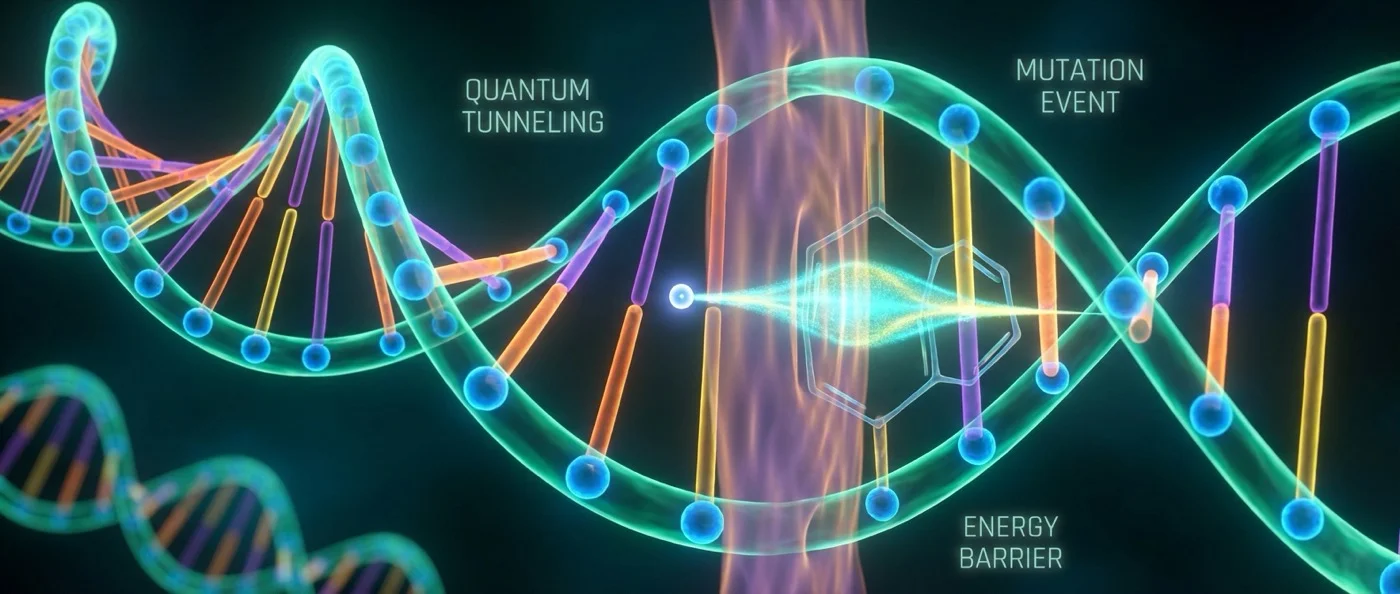 DNA double helix structure showing quantum tunneling effects in base pairs creating genetic mutations