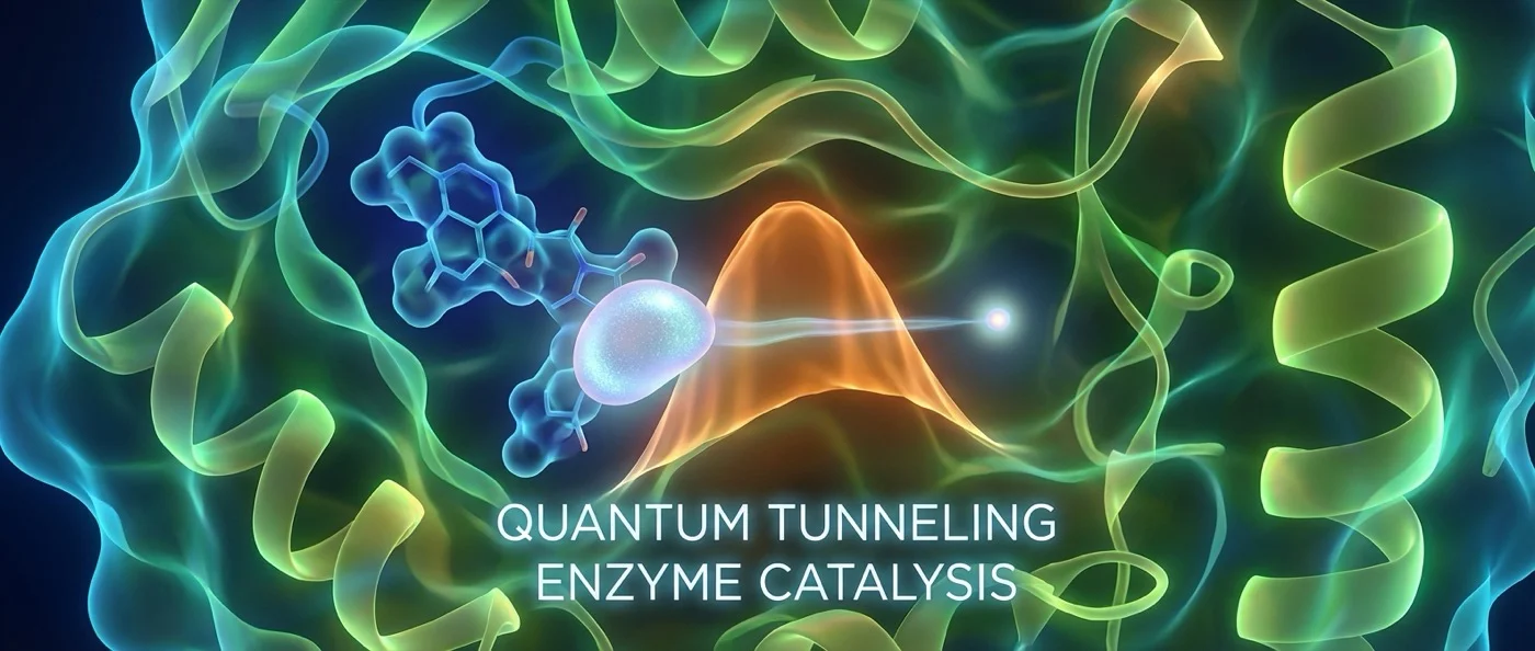 Molecular visualization of enzyme quantum tunneling showing hydrogen atom transfer through energy barriers in biological systems