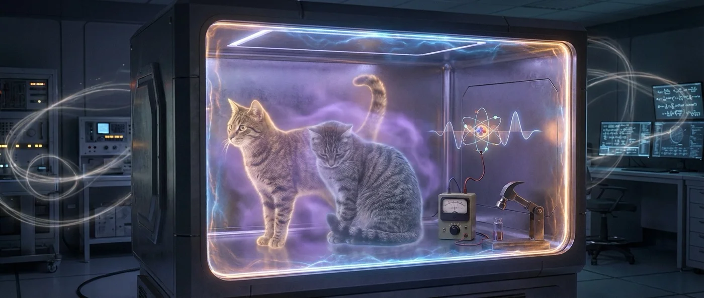 Schrödinger's cat thought experiment illustration showing a cat in a quantum superposition state inside a steel box
