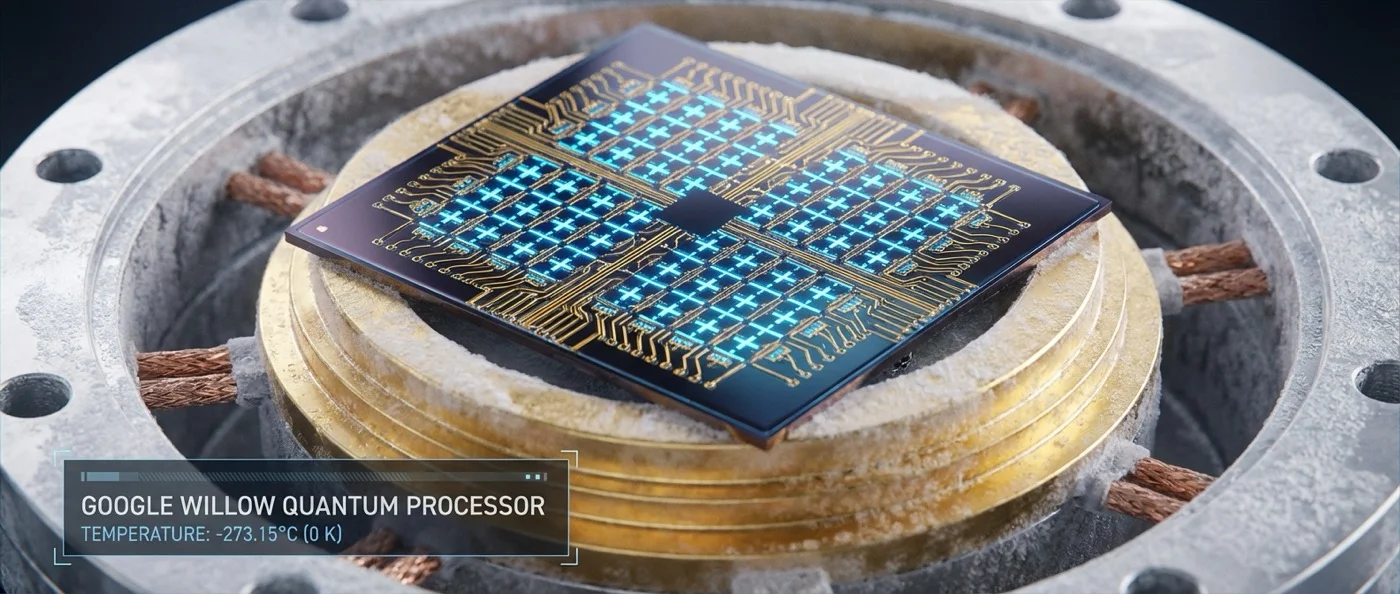 Google's Willow quantum processor chip showing the revolutionary quantum computing breakthrough that outperformed classical computers