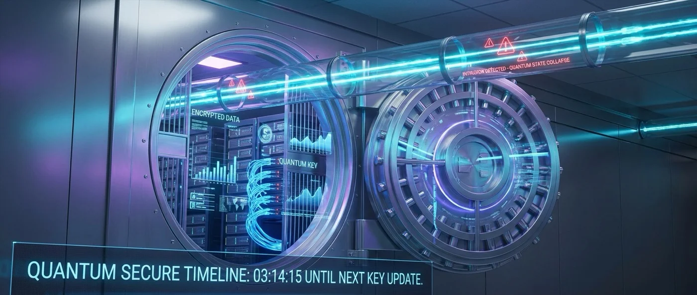 Quantum computer visualization showing qubits threatening traditional banking encryption systems