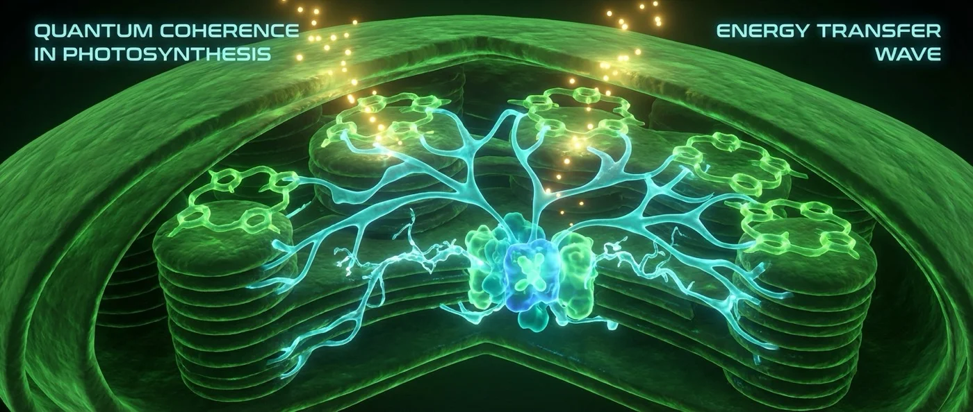 Microscopic view of plant chloroplasts showing quantum coherence pathways during photosynthesis energy conversion