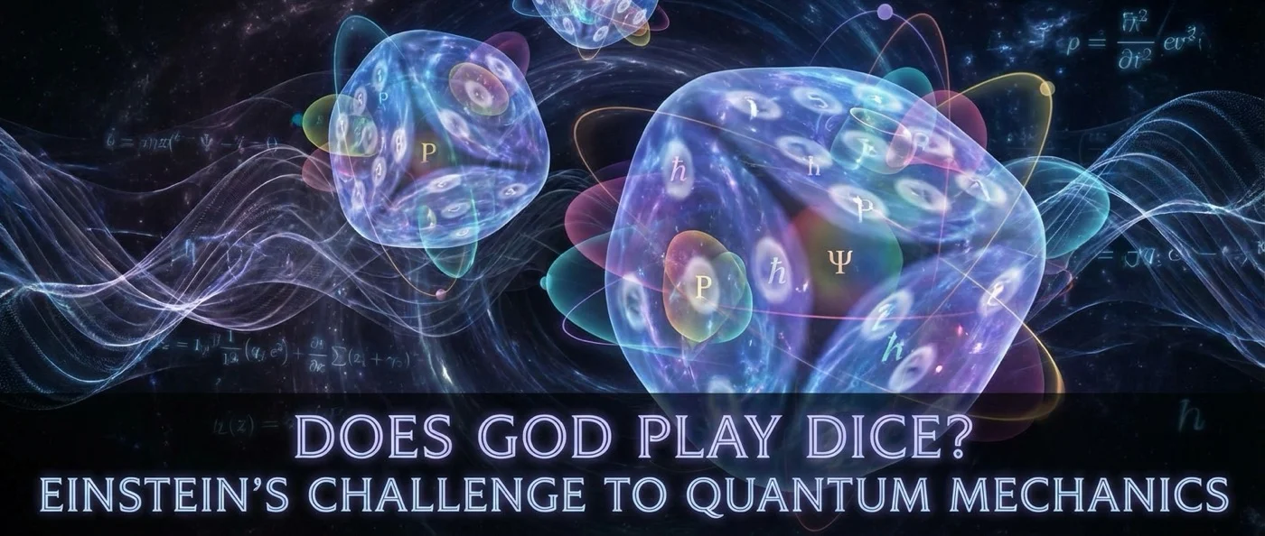 Einstein's famous quote about God and dice illustrated with quantum mechanics symbols and probability waves