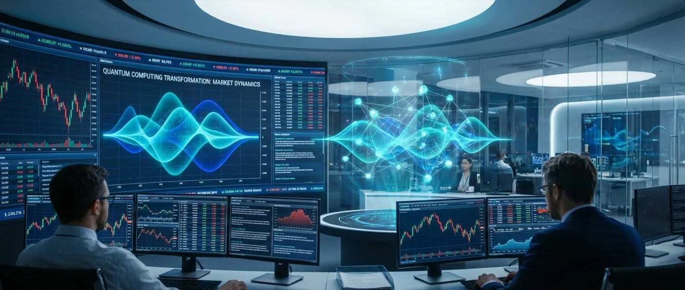 Quantum computer circuits overlaid with financial market data and trading algorithms representing the future of quantum finance