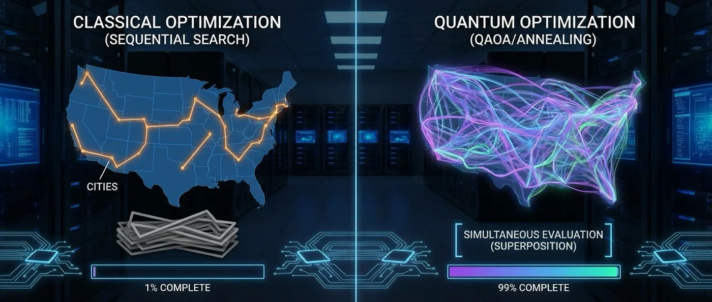 Quantum optimization visualization showing complex network problems being solved by quantum algorithms