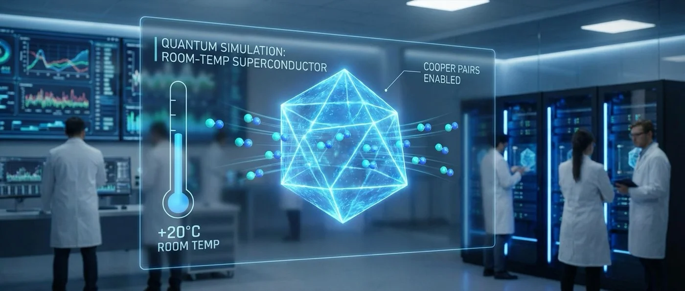 Quantum computer simulation of superconducting materials at the atomic level showing electron behavior and magnetic fields