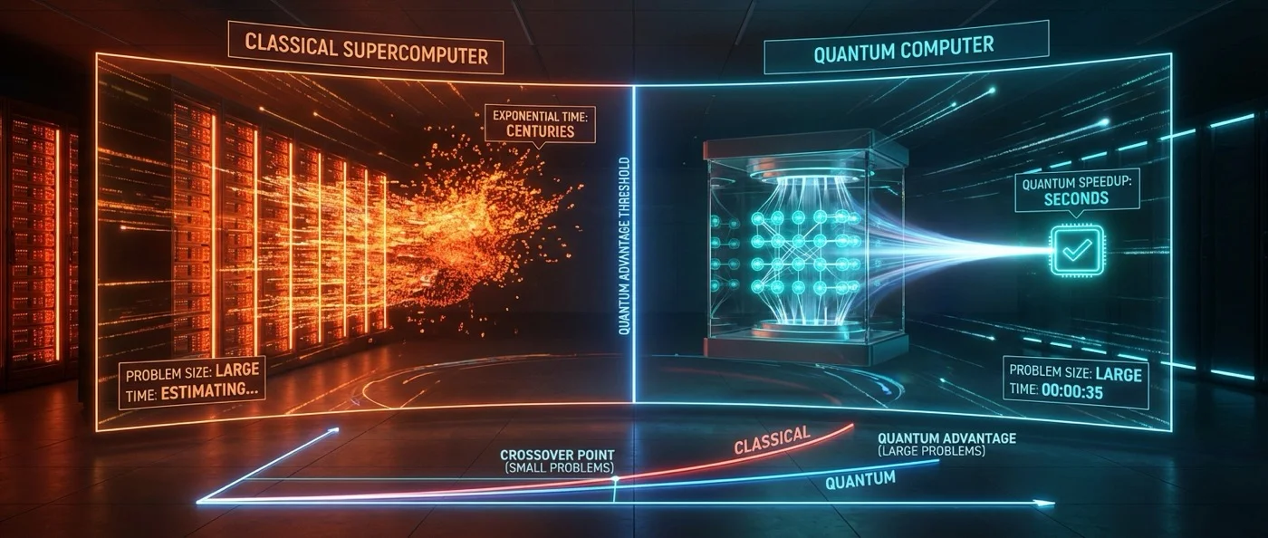 Quantum computer processor showing the gap between current artificial quantum advantage and future practical applications
