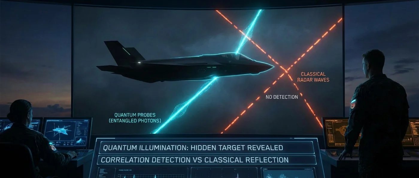Conceptual illustration of quantum radar detecting stealth aircraft using entangled photons