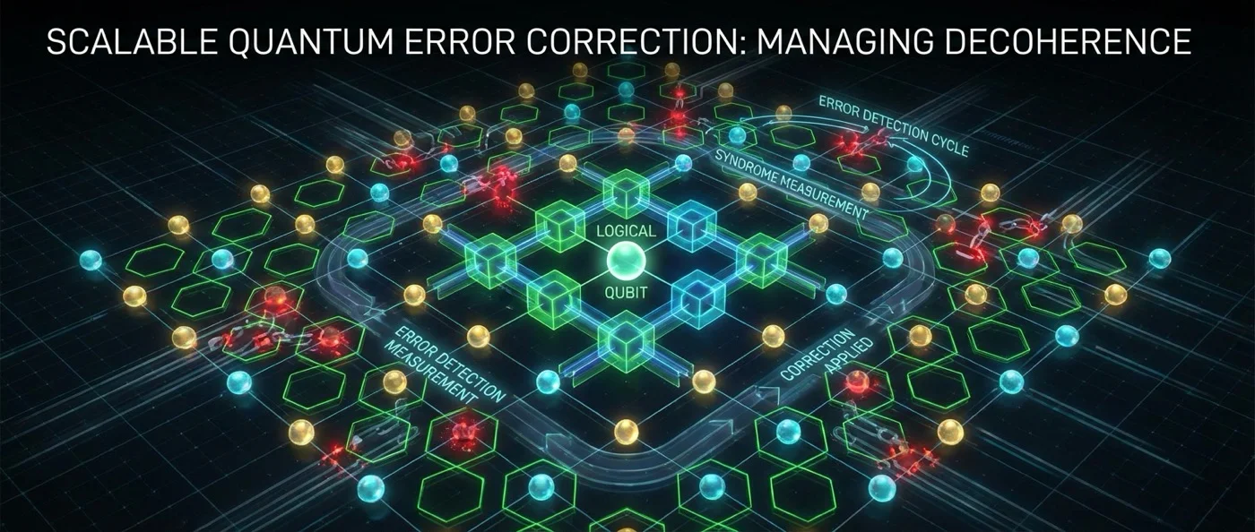 Quantum error correction visualization showing the relationship between physical and logical qubits in quantum computing systems