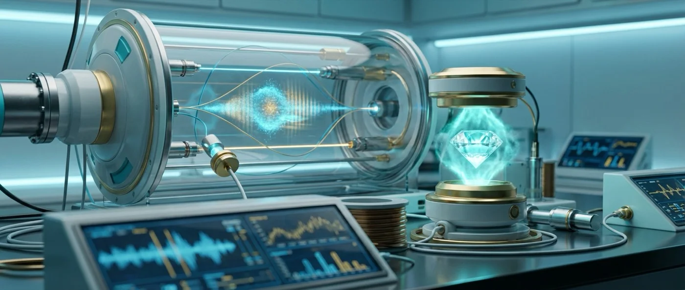 Quantum sensor apparatus showing atom interferometer setup with laser beams and vacuum chamber for precision gravimetry measurements
