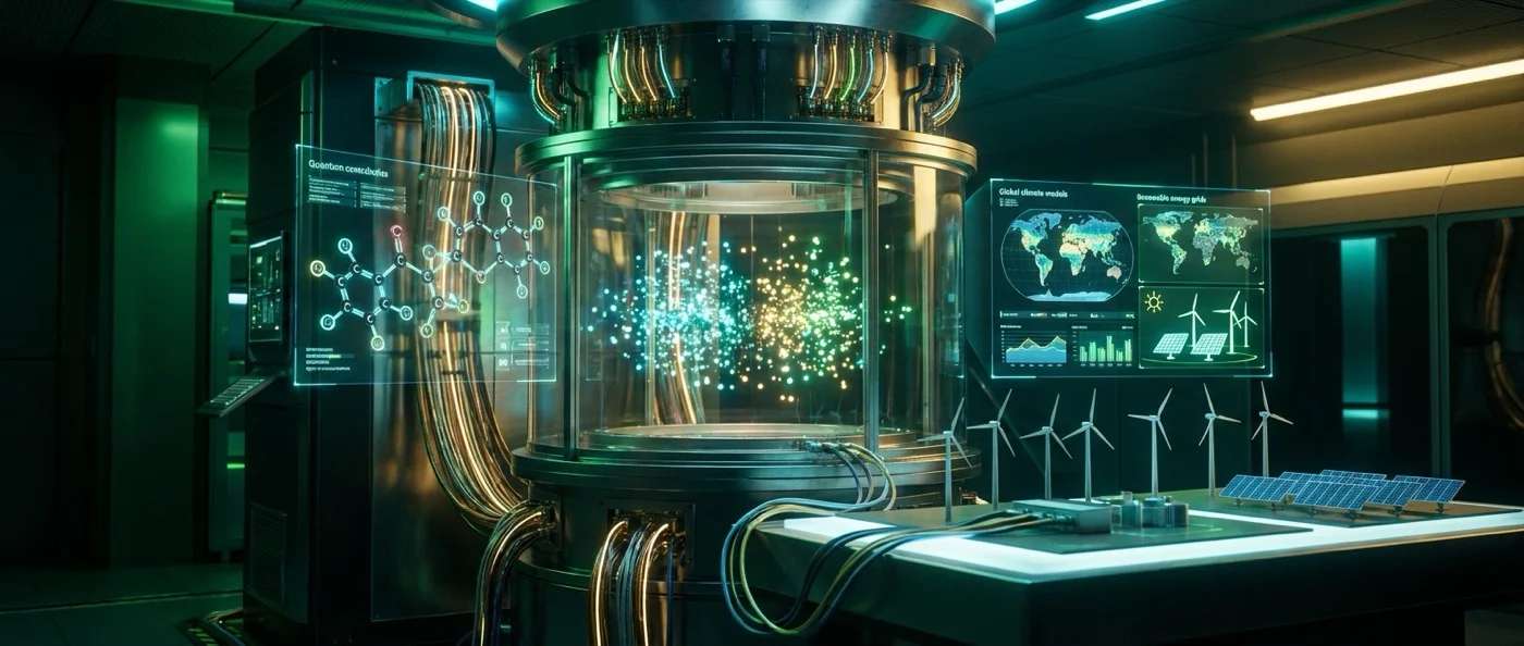 Quantum computer processors analyzing molecular structures for climate change solutions