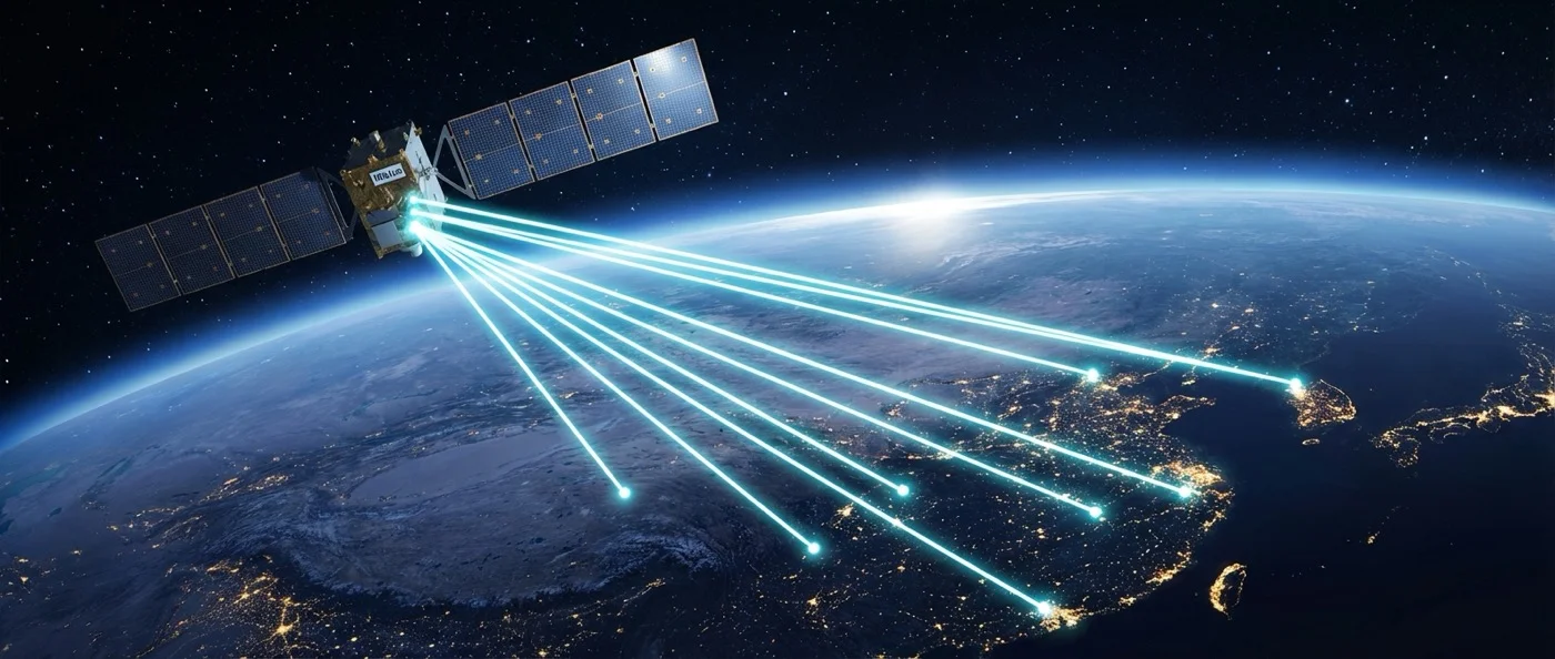 China's Micius quantum satellite orbiting Earth with quantum communication beams connecting distant cities