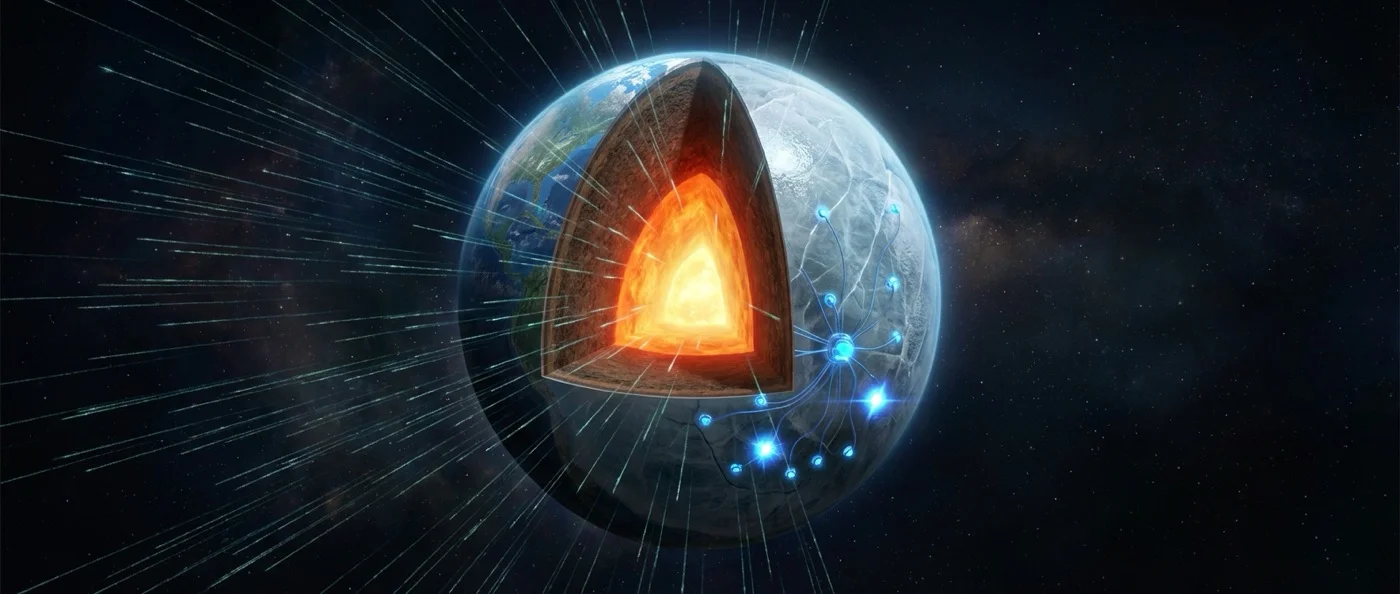 Artistic visualization of neutrinos passing through Earth and human body undetected