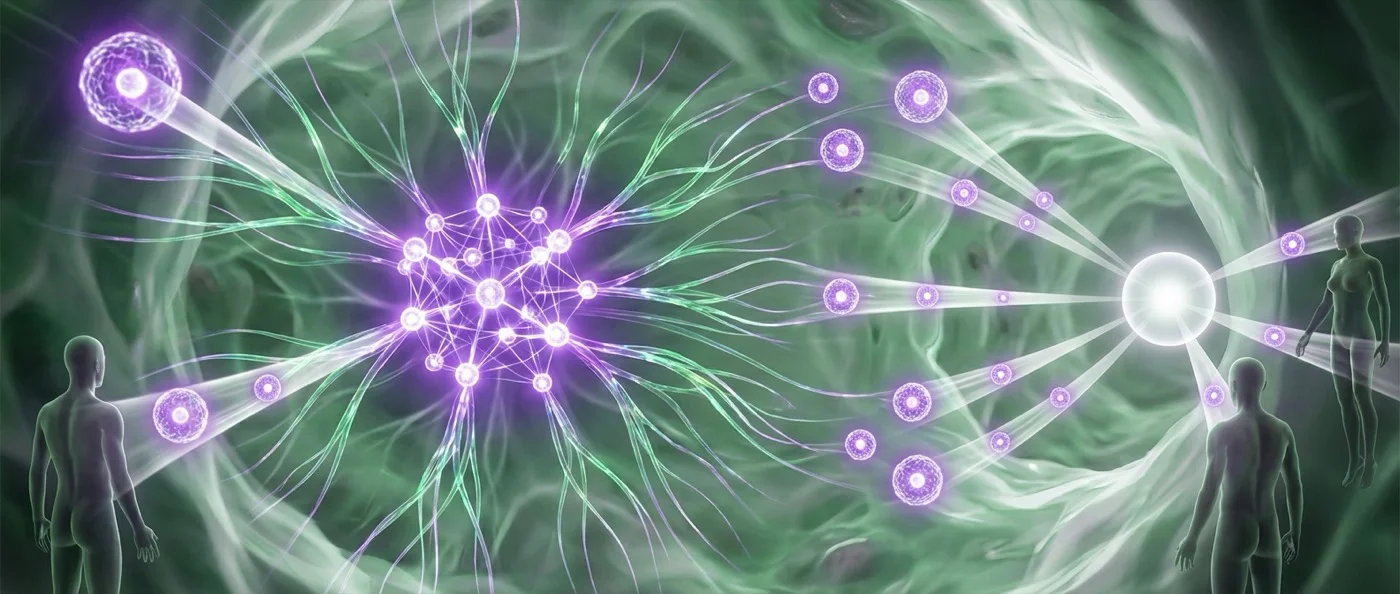 Conceptual illustration of quantum darwinism showing quantum states evolving into classical reality through environmental selection