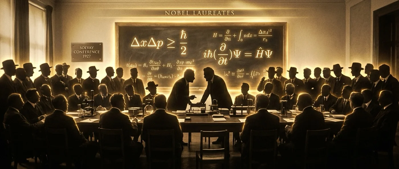 The iconic 1927 Solvay Conference photograph showing 29 legendary physicists including Einstein, Bohr, Curie, and Heisenberg in Brussels