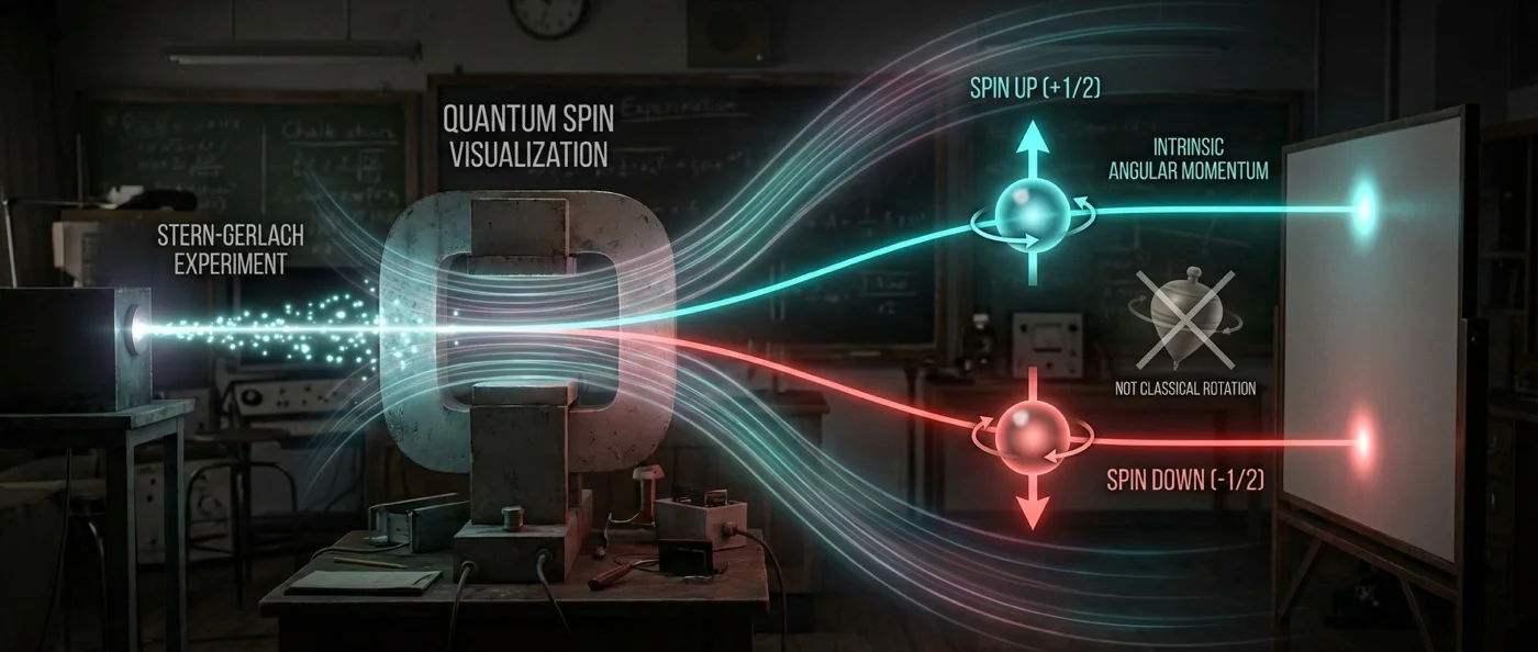 Visualization of quantum particle spin showing electron magnetic moment and angular momentum vectors