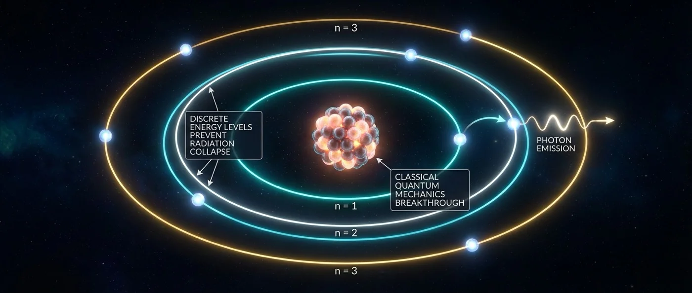 Diagram showing the Bohr model with quantized electron orbits around the atomic nucleus