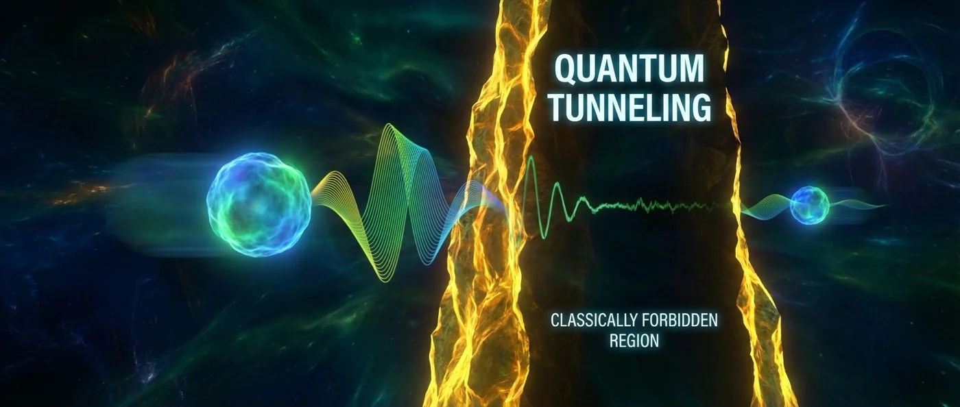Quantum tunneling diagram showing particle wave function penetrating through energy barrier that should be classically impenetrable