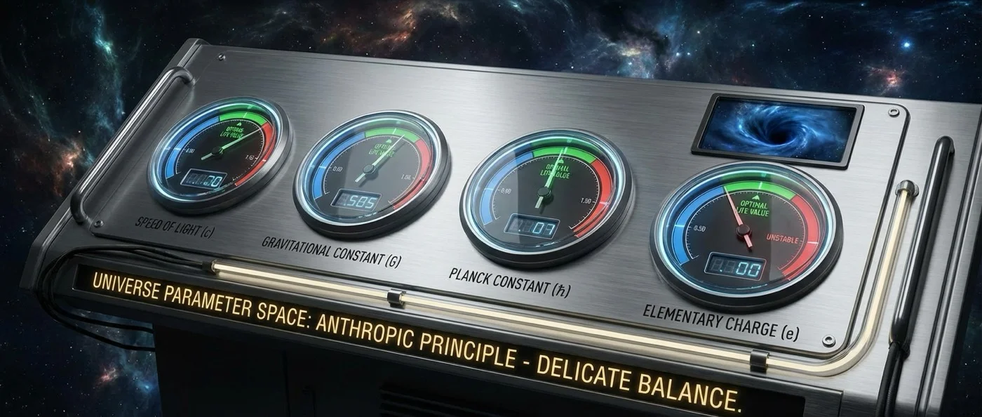 Visual representation of fundamental constants including speed of light, Planck's constant, and fine-structure constant with mathematical equations
