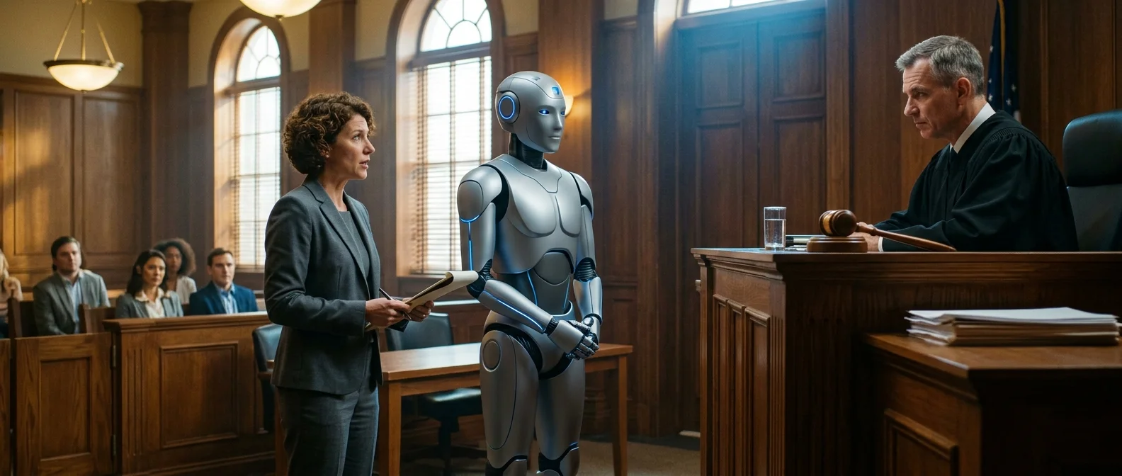 Courtroom scene with AI robots and legal scales representing artificial intelligence legal rights debate