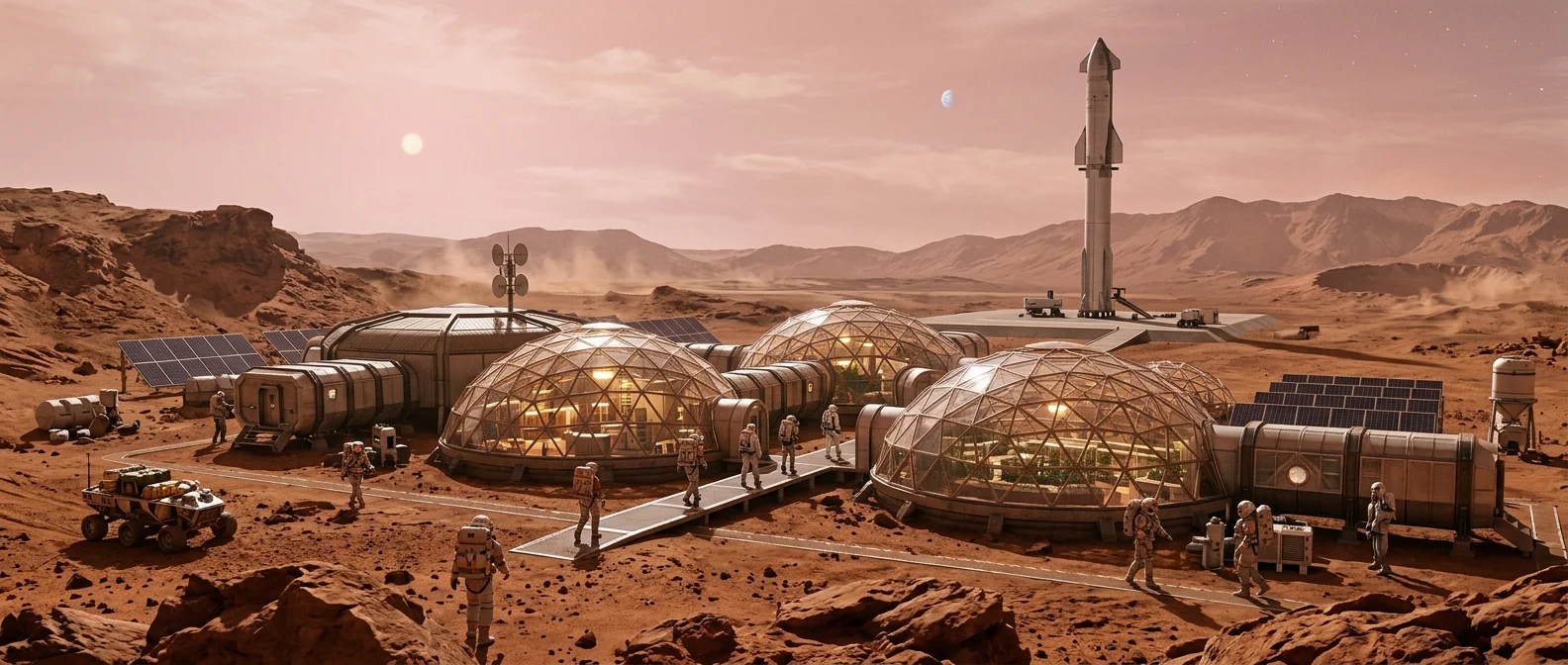 SpaceX Starship landing on Mars surface with colony infrastructure and red desert landscape