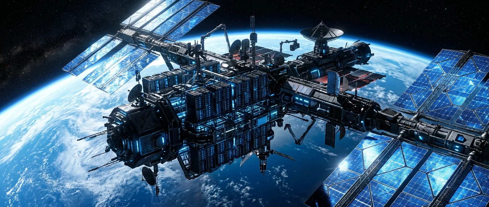 Orbital data center with solar panels and GPU arrays floating in space above Earth