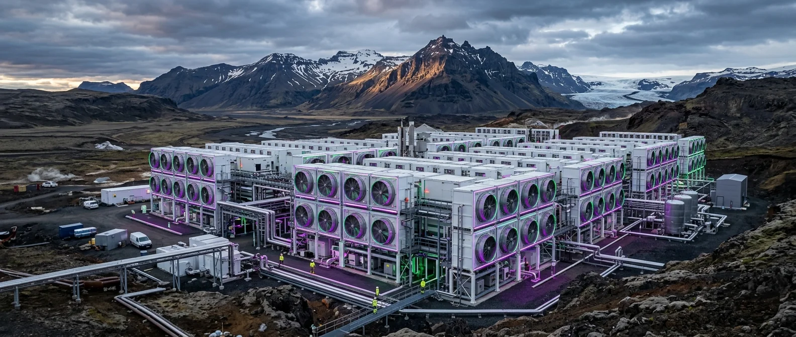 Climeworks direct air capture facility with industrial fans extracting CO2 from atmosphere in Iceland