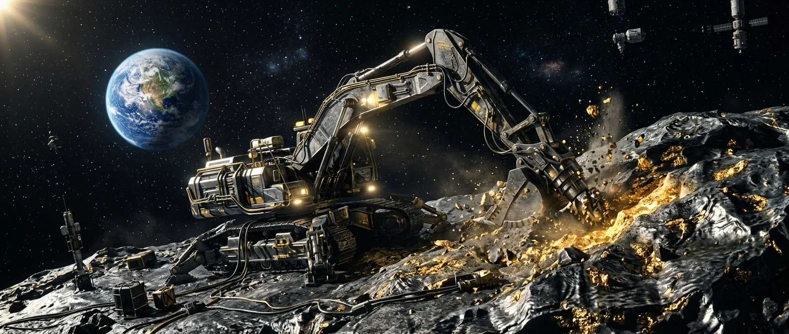 Asteroid mining spacecraft extracting precious metals from a platinum-rich asteroid in deep space